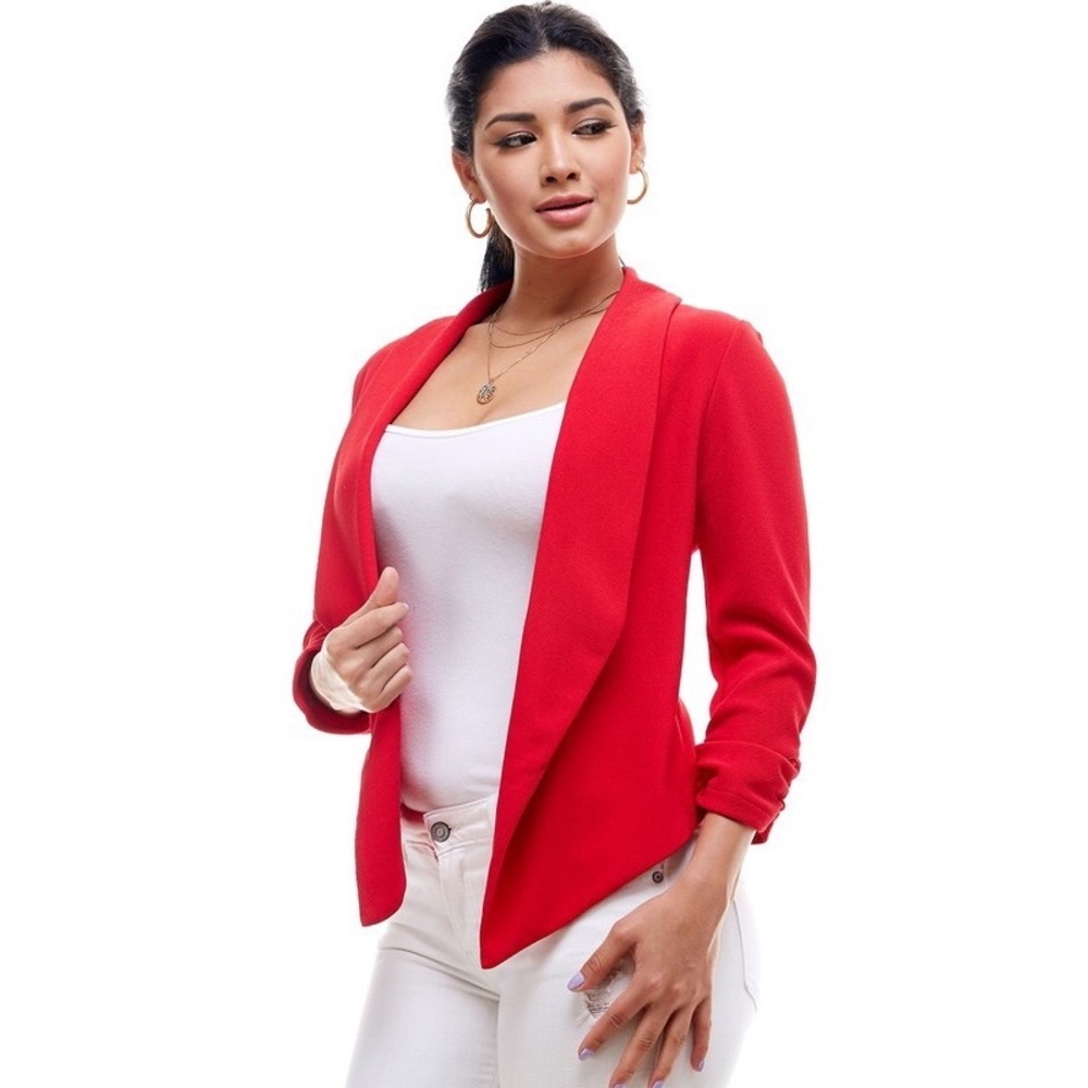 Red Curvy Lightweight Open Front Blazer - Picture 2 of 7